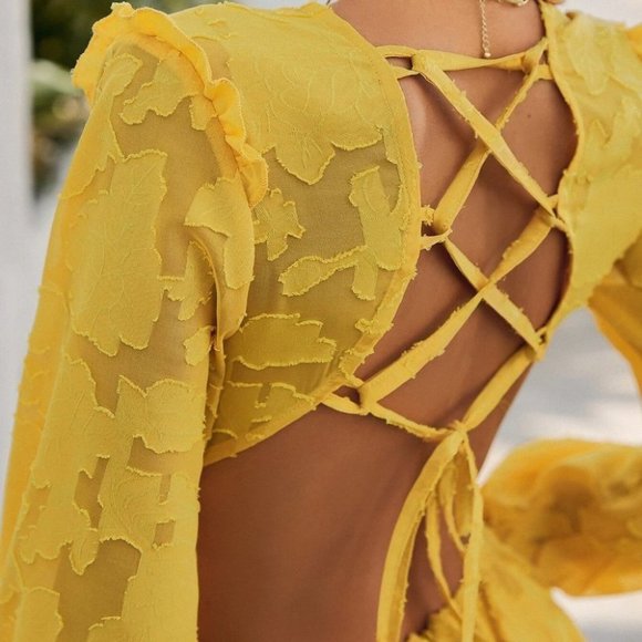 Boho Lace tie back  Backless Mini Dress YELLOW - Picture 5 of 8